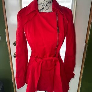 bebe Red Peplum Detail Belted Trench Coat Hip Length size small